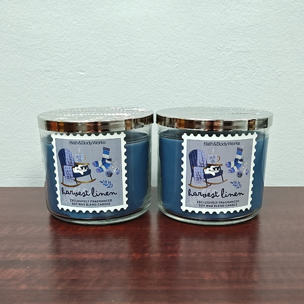 Bath & Body Works "HARVEST LINEN" 3-Wick Candles - Set of 2 with Etched Lids